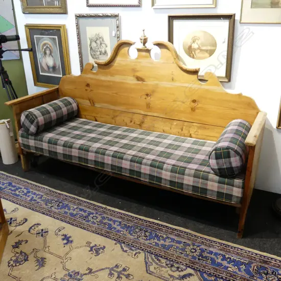 ENGLISH PINE SETTLE SOFA - TARTAN UPHOLSTERY C.1910 1830x580x1150mm