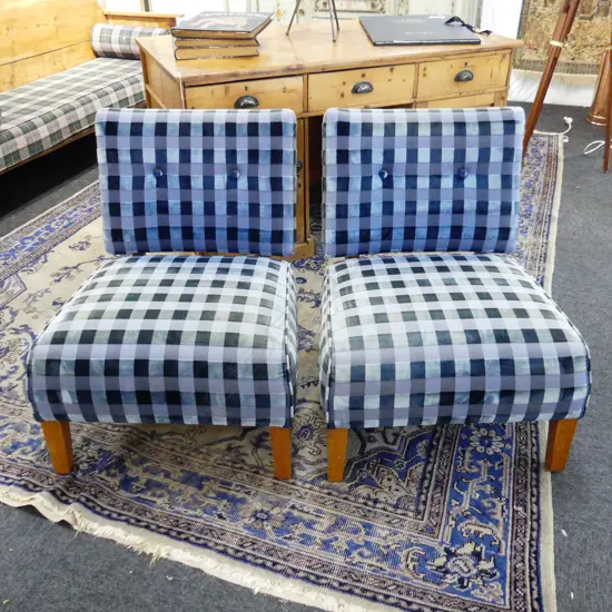 PR UPHOLSTERED ARMCHAIRS - BLUE VELVET CHECK - FADING