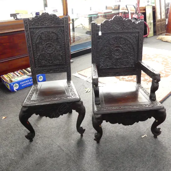 TWO ANGLO INDIAN CHAIRS; INLC CARVER       