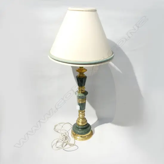 GREEN MARBLE & BRASS BASE TABLE LAMP & SHADE, H. 900mm