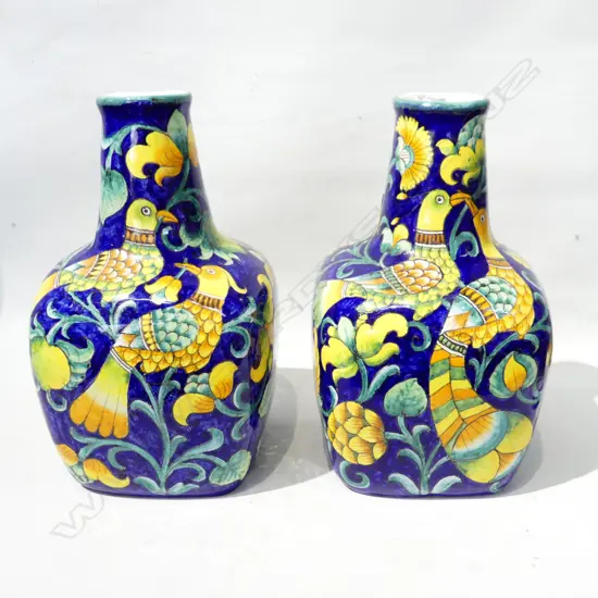 PR PORTUGESE TIN GLAZED VASES; BIRDS ON BLUE GROUND H.330mm