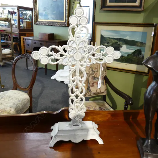 ORNATE WHITE WASHED FRENCH METAL CROSS