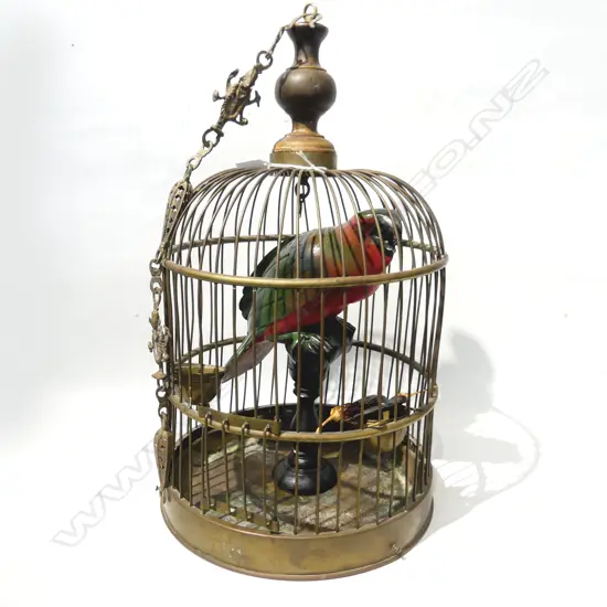 BRASS BIRD CAGE w. CARVED PAINTED WOODEN BIRD H.550mm