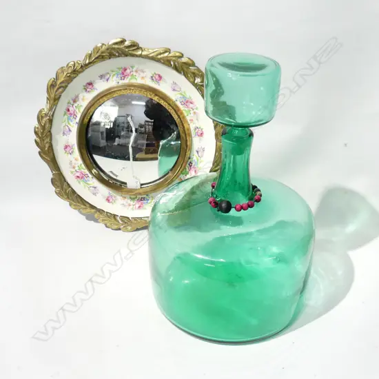 GREEN GLASS BOTTLE VASE H.260mm + VINTAGE MIRROR, CERAMIC & BRASS FRAME 345mm dia