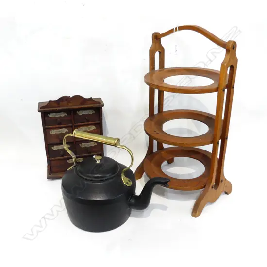 OLD CAST IRON KETTLE, 3 TIER WOODEN CAKE STAND, WOODEN SPICES DRAWERS H.280mm
