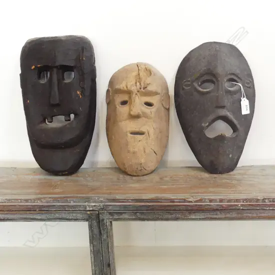 3 OLD TIMORESE CARVED WOODEN WALL MASKS, H. 310, 300, 265mm