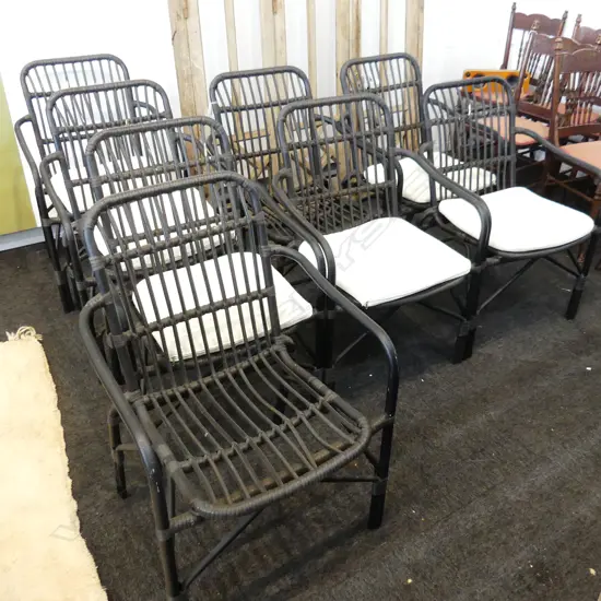 8 BLACK METAL & PLASTIC OUTDOOR CHAIRS (6 CUSHIONS)