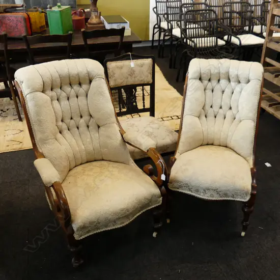 3 ANTIQUE CHAIRS; SCROLL ARMCHAIR, GRANDMOTHER, SIDE CHAIR