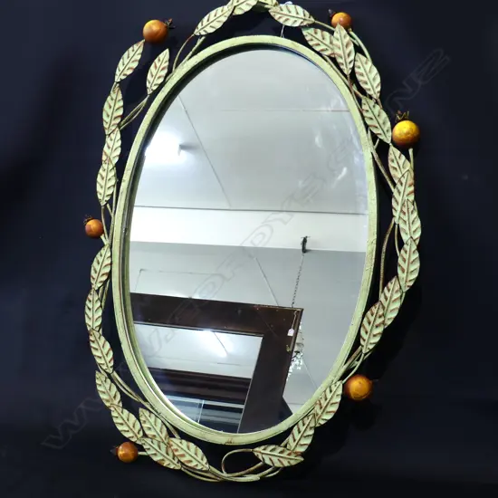WALL MIRROR WITH HEAVY GREEN METAL FRAME EMBELLISHED WITH LEAVES & FRUIT  680 X 490mm