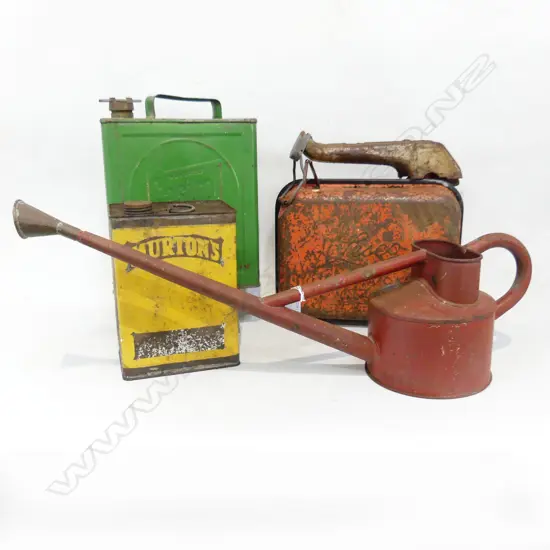 3 OIL CANS; CASTROL, LESCO, MURTONS + RED WATERING CAN L.680mm