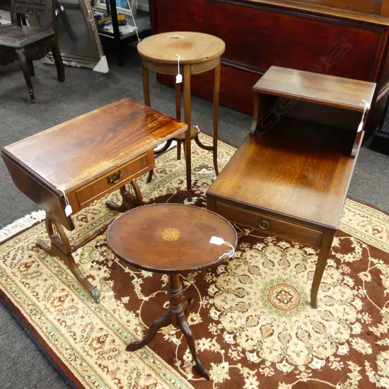 4 PCES MAHOGANY FURNITURE; WINE TABLE H.515mm, SMALL DROPSIDE SIDE TABLE, TELEPHONE TABLE, CIRCULAR SIDE TABLE H.720mm