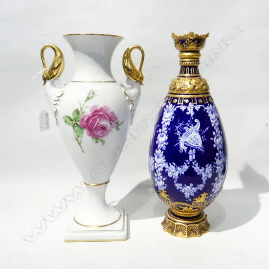 2 TALL VASES; ROYAL CROWN DERBY (CHIPS TO RIMS) & BAVARIAN w. GOLD SWAN HANDLES H.340mm