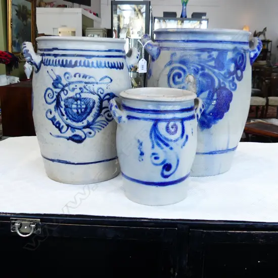 3 VINTAGE B/W SALT GLAZED POTS H.370mm