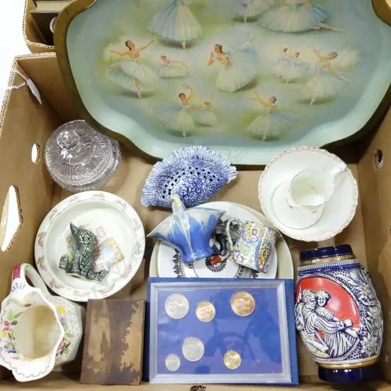 BOX LOT MISC INCL CROWN LYNN, COINS, MASONS, OLD BALLERINA TRAY, BUNNYKINS ETC..
