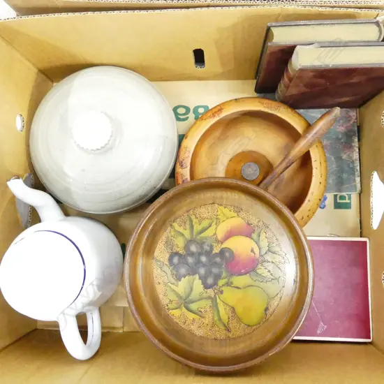 BOX MISC INCL BOOKENDS, ENAMEL KETTLE, WOODEN NUT BOWL & MALLET ETC..