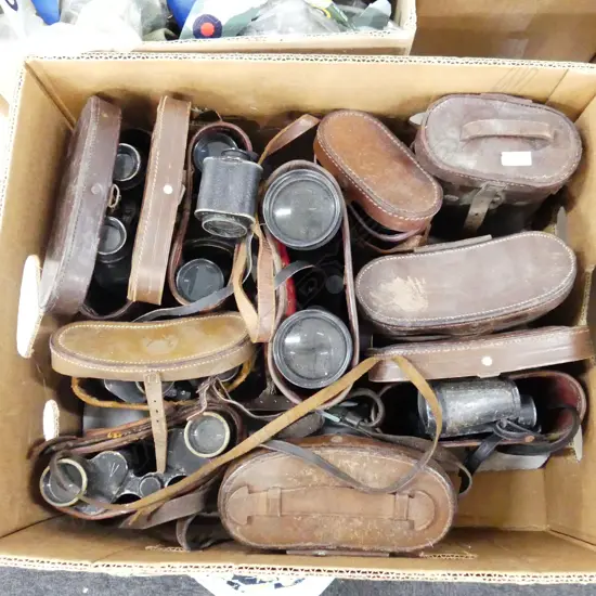 BOX LOT ASST. BINOCULARS IN BROWN LEATHER CASES (faults)