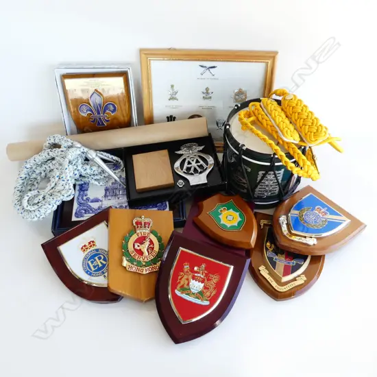 BOX LOT ASST. HERALDIC SHEILDS, DRUM ICE BUCKET ETC