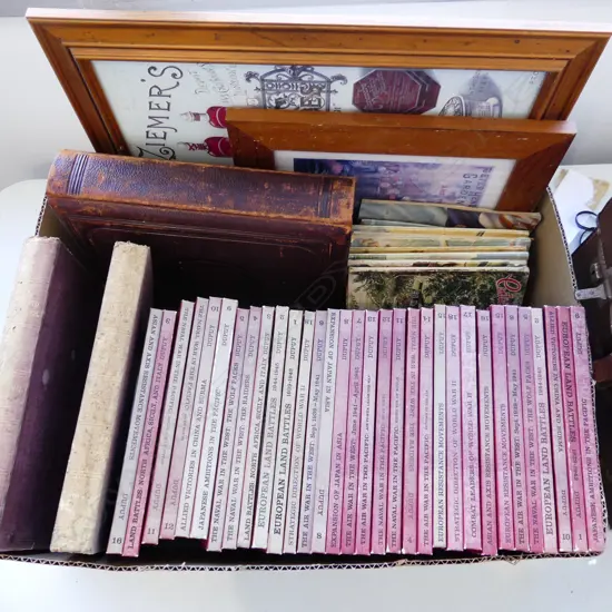 BOX LOT ASST. BOOKS; WWII, EMPTY VICT. PHTOTO ALBUM ETC