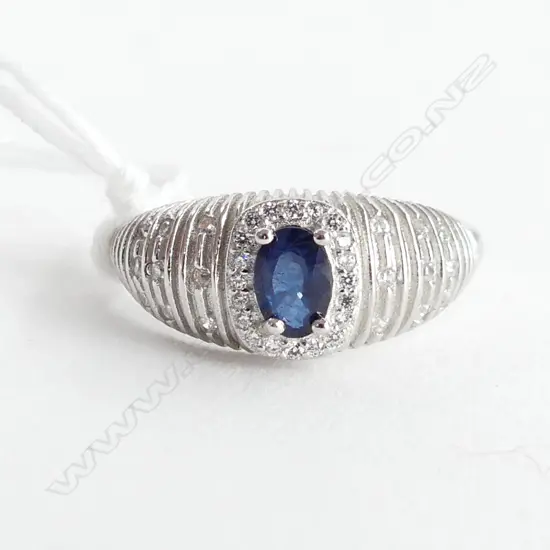 BLUE SAPPHIRE & CRYSTAL 925 SILVER PLATED ADJUSTABLE COSTUME JEWELLERY RING 