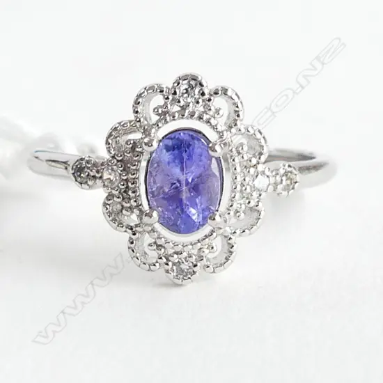 TANZANITE & CRYSTAL 925 SILVER PLATED ADJUSTABLE COSTUME JEWELLERY RING 