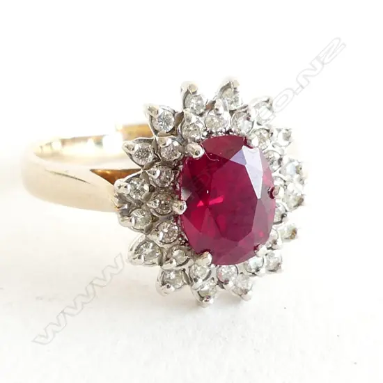 9CT & RED STONE & DIAMOND RING 3.9 GRAMS SIZE O 1/2