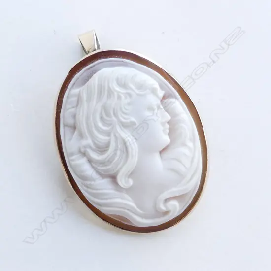  9CT SHELL CAMEO BROOCH WTH PENDANT BALE. 3.6CM X 2.8CM