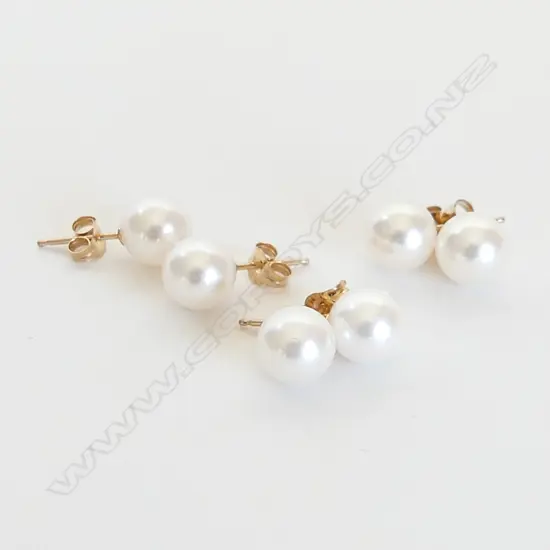 3 PRS 9CT YELLOW GOLD 7MM CULTURED AKOYA PEARL STUD EARRINGS, NEW 