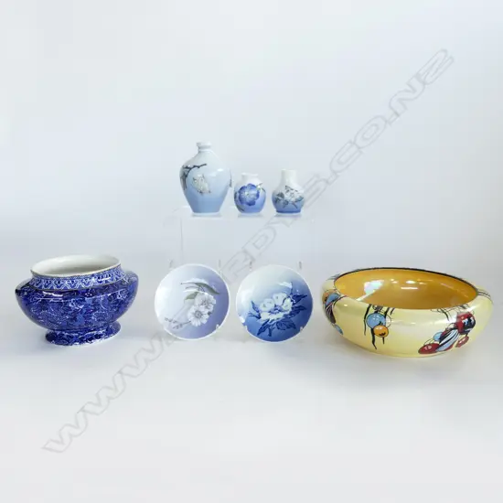 7 PCES CHINA; 5 ROYAL COPENHAGEN, SHELLEY VASE, YELLOW LUSTRE BOWL 220mm dia