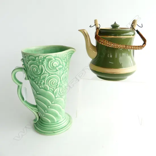 LARGE DECO POTTERY GREEN JUG BY WADE H. 230mm & STONEWARE TEAPOT BY BILTON H.150mm