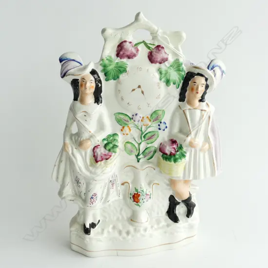 ANTIQUE STAFFORDSHIRE FLATBACK PAINTED CLOCK WITH SCOTTISH COUPLE  H. 310mm