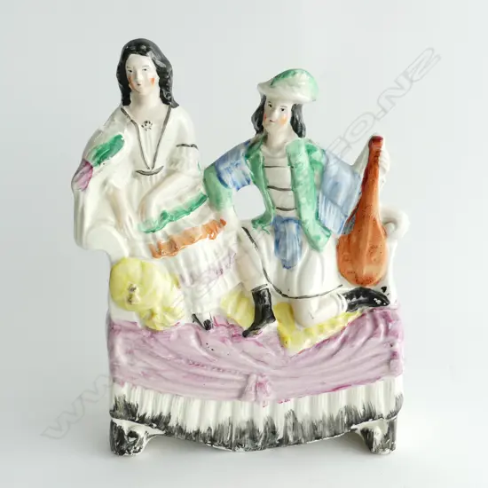 ANTIQUE STAFFORDSHIRE FLATBACK COUPLE, MAN HOLDING MANDOLIN, H. 280mm