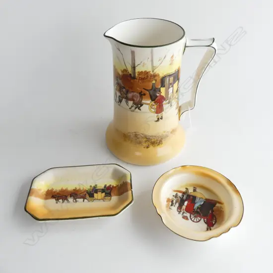 THREE ROYAL DOULTON COACHING DAYS ITEMS. TALL JUG H. 180 DISH W. 135 & ASHTRAY DIA. 110mm
