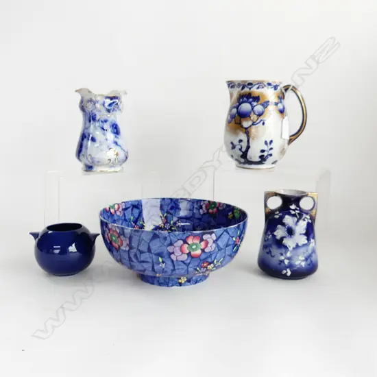5 PCES BLUE & GOLD CHINA; SPODE BOWL 220mm dia, LOSOL JUG H.145mm, 3 VASES INCL. R. DOULTON TITANIAN W.110mm