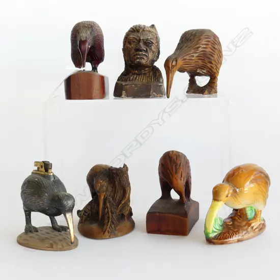6 KIWI; 3 WOODEN, RESIN, CERAMIC & METAL TABLE LIGHTER + RESIN MAORI HEAD H.90mm