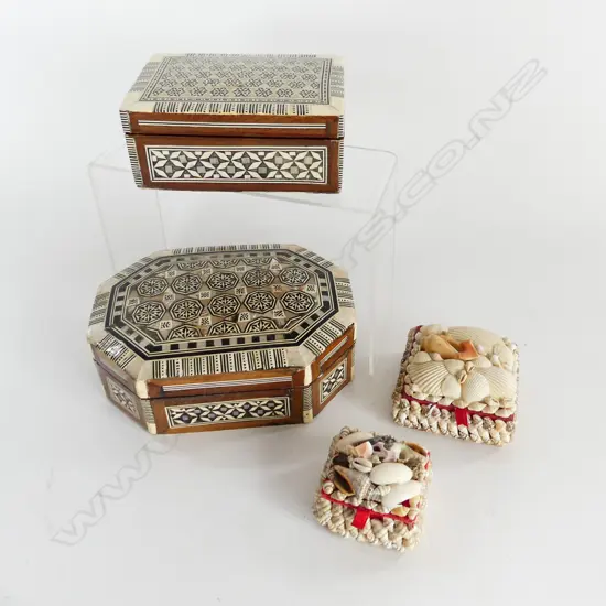 4 ASST LIDDED BOXES; 2 SMALL SHELL (60X55 & 75x75mm) + 2 MOP INLAID (175X125 &125X85mm)