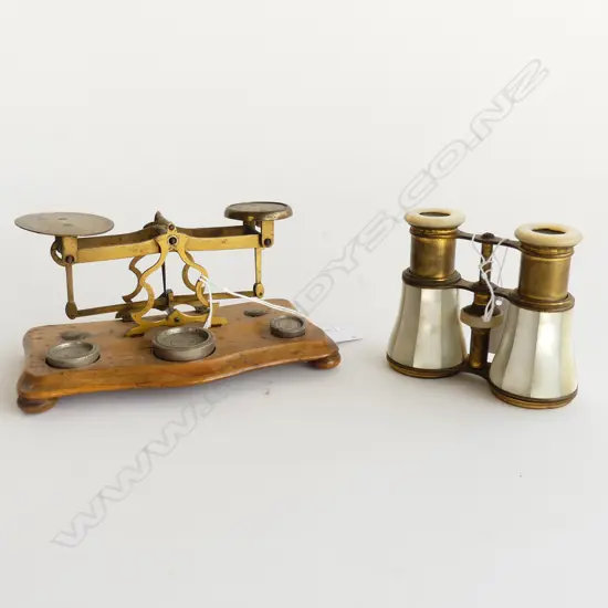 PR ANTIQUE MoP OPERA GLASSES + IMPERIAL SCALES w. 3 WEIGHTS W.175mm
