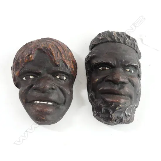 TWO ABORIGINAL FACE PLAQUES BY BUSHLAND WESTERN AUSTRALIA POTTERY H.140mm