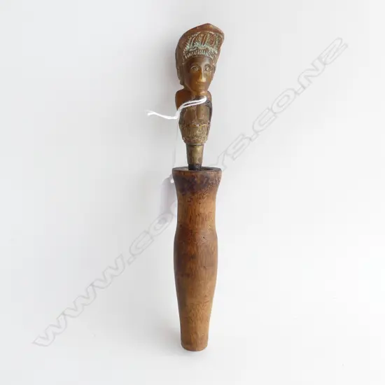 BETEL NUT LIME CONTAINER W CRUSHER. Carved horn figural handle L.210mm.
