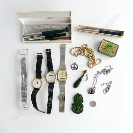 3 PARKER PENS, 3 WRIST WATCHES ETC