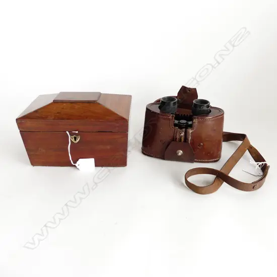 GERMAN WWII BINOCULARS & SMALL MAHOGANY SACROPHAGUS-SHAPED TEA CADDY  