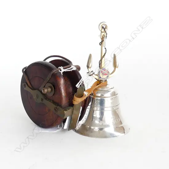 TWO ITEMS; BELL FROM THE T.G.M.V MANGANELLA & OLD WOODFEN FISHING REEL 