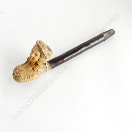 LARGE VICTORIAN ORNATELY CARVED MEERSCHAUM PIPE OF LADY (REPAIR TO STEM) L. 280mm