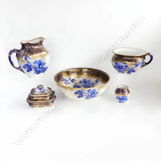 6 PCE DOULTON BURSLEM BLUE IRIS TOILET SET; WASH BOWL 390mm dia (crazing), JUG H.250mm, POTTY, 3 OTHER
