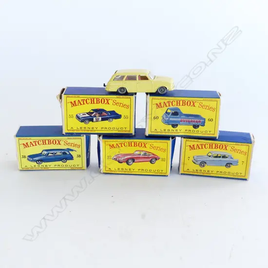 5 VINTAGE BOXED MATCHBOX SERIES; NOS. 7, 32, 38, 55, 60 (1 BOX A/F) 