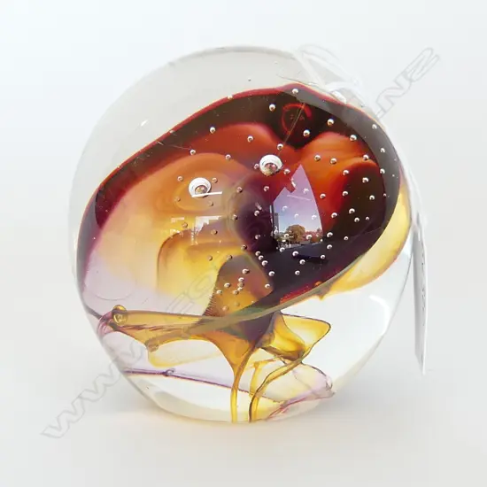 PETER ROAS GLASS PAPER WEIGHT coloured swirl w bubbles signed & dated 1992 + labelled H.90mm