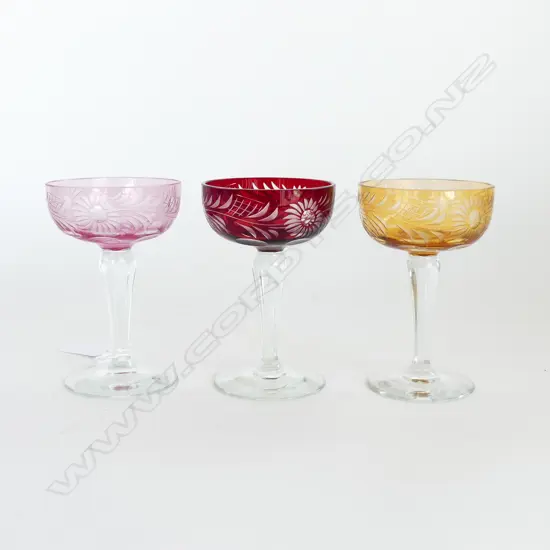 3 BOHEMIAN STEMMED CRYSTAL OVERLAY SHERRY GLASSES H115mm, 1 EA PINK, CRANBERRY & AMBER