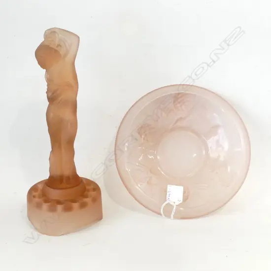 PINK FROSTED GLASS GLASS; BOWL WITH EMBOSSED PINE CONES (DIA 210mm) + ART NOUVEAU  FLOWER FROG & NAKED LADY (H. 300mm)
