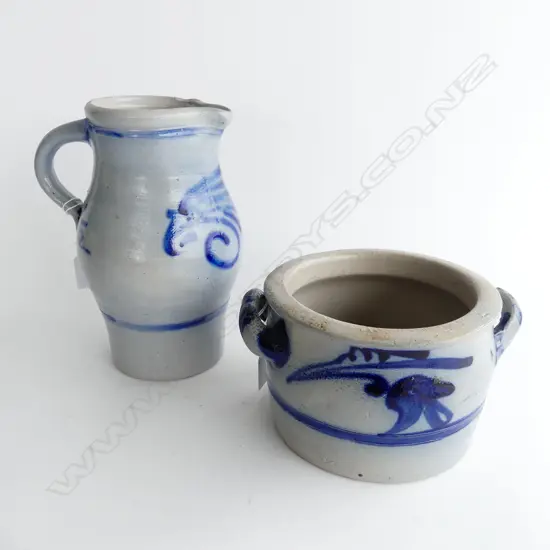 TWO EARTHENWARE METLACH TYPE GERMAN ITEMS. JUG H. 220mm AND TWO HANDLED POT DIA. 200mm