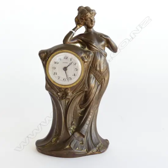 GERMAN JUGENDSTIL SPELTER CLOCK; FEMALE FIGURE H.260mm