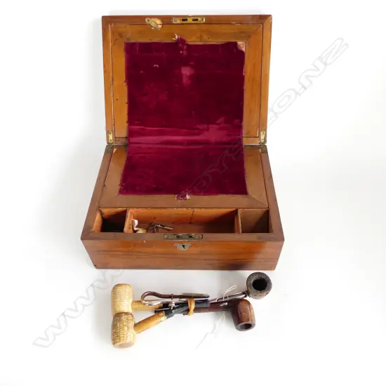 OLD WALNUT WRITING SLOPE WITH A COLLECTION OF 4 PIPES & CLEANER